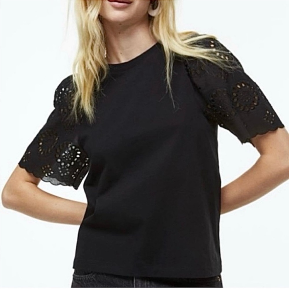 H&M Black Eyelet Embroidery Short Sleeve Top Size Small